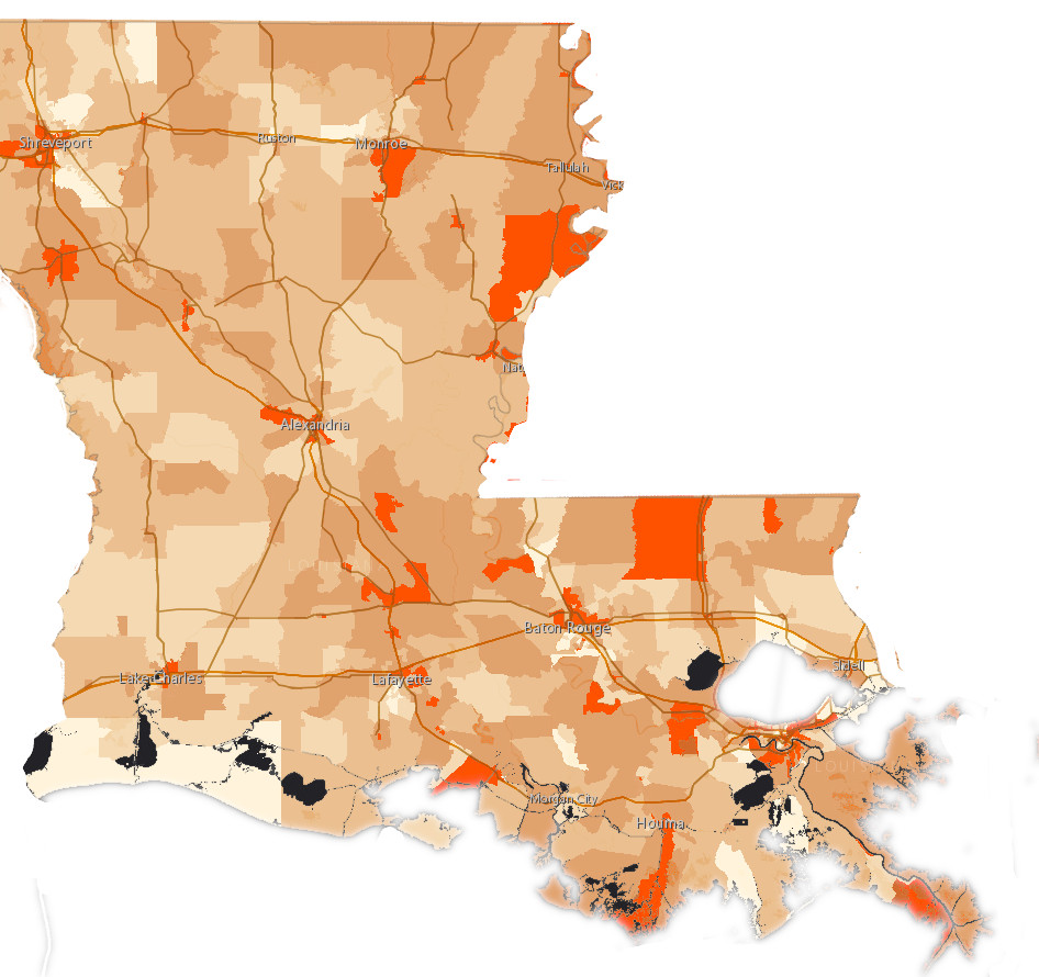 Map of book deserts in Louisiana with greatest at-risk areas accented in red.
