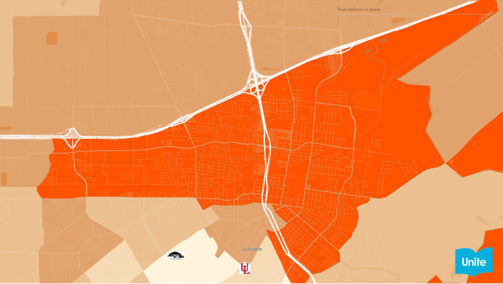 Map of book deserts in Lafayette, Louisiana with greatest at-risk areas accented in red.