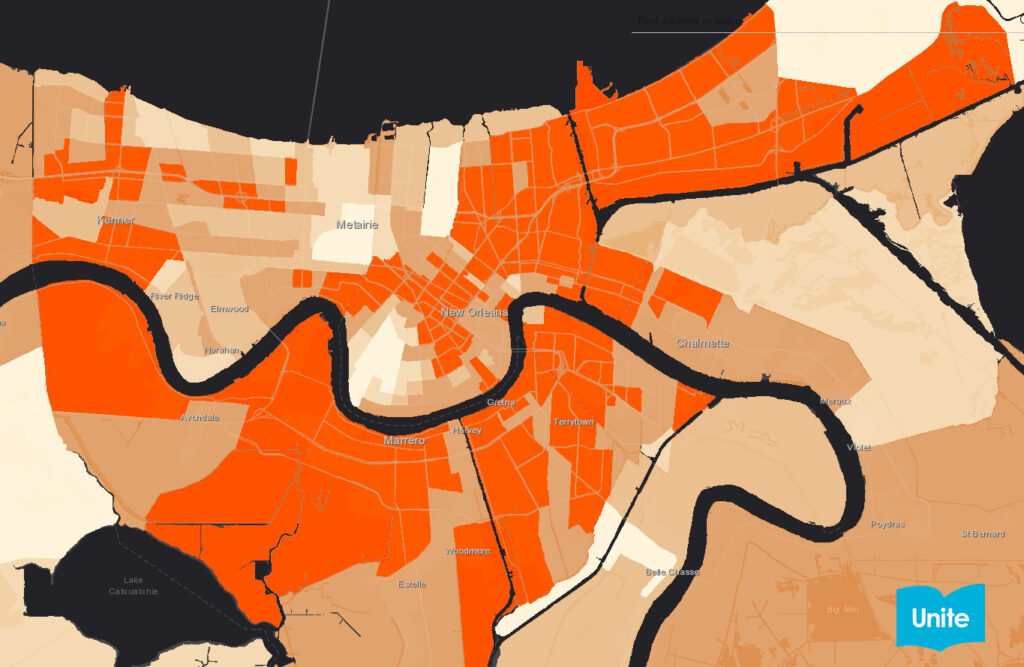 Map of book deserts in New Orleans, Louisiana with greatest at-risk areas accented in red.